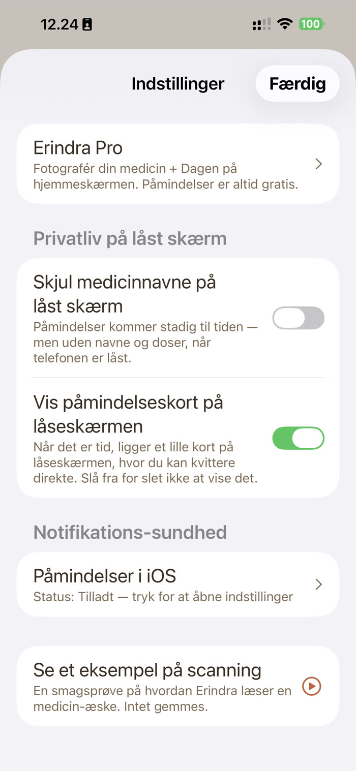 Indstillinger med Privatliv på låst skærm: skjul medicinnavne på låst skærm