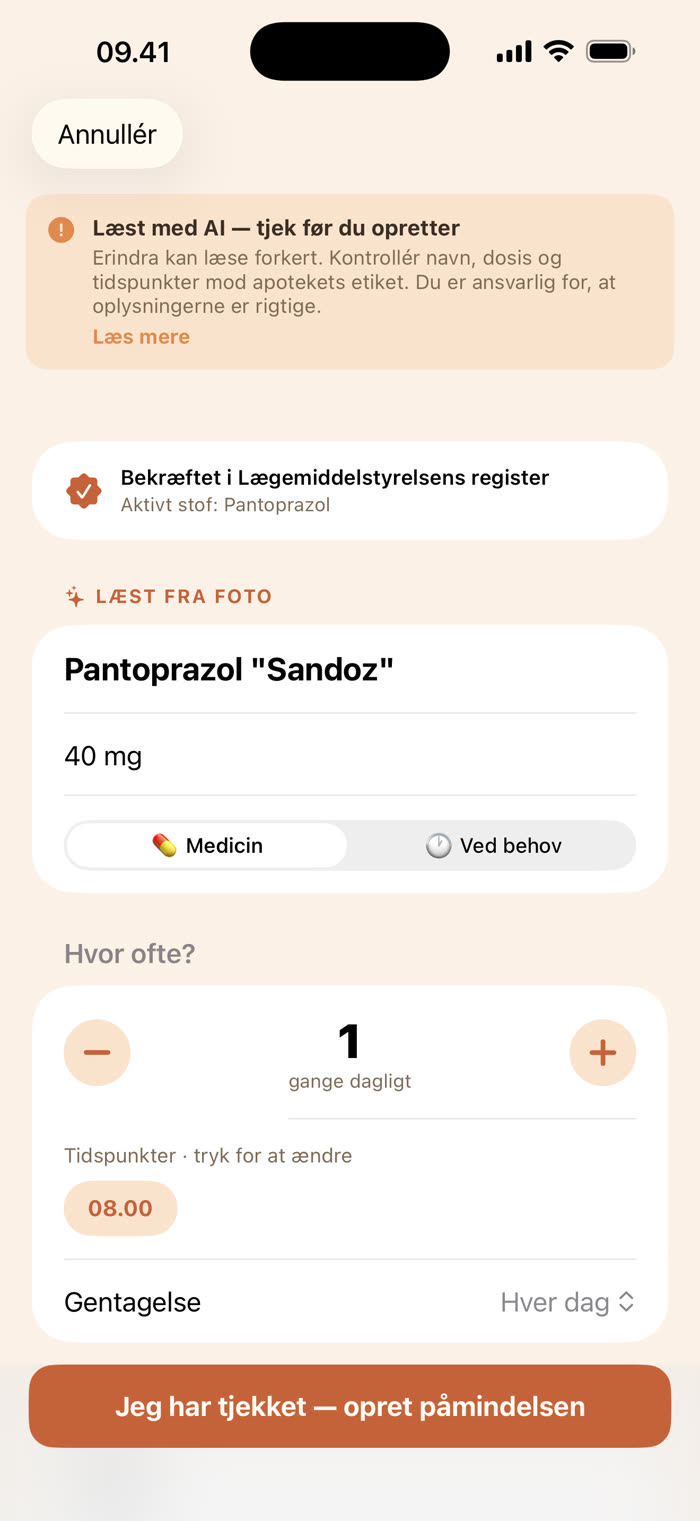 Erindra viser det aflæste forslag: Pantoprazol, dosis og tidspunkt, klar til at oprette